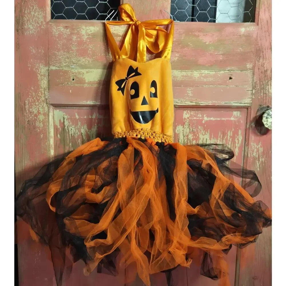 Halloween Costume Pumpkin‎ Dress Orange Black Tulle Skirt Dress Toddler M 3T ?